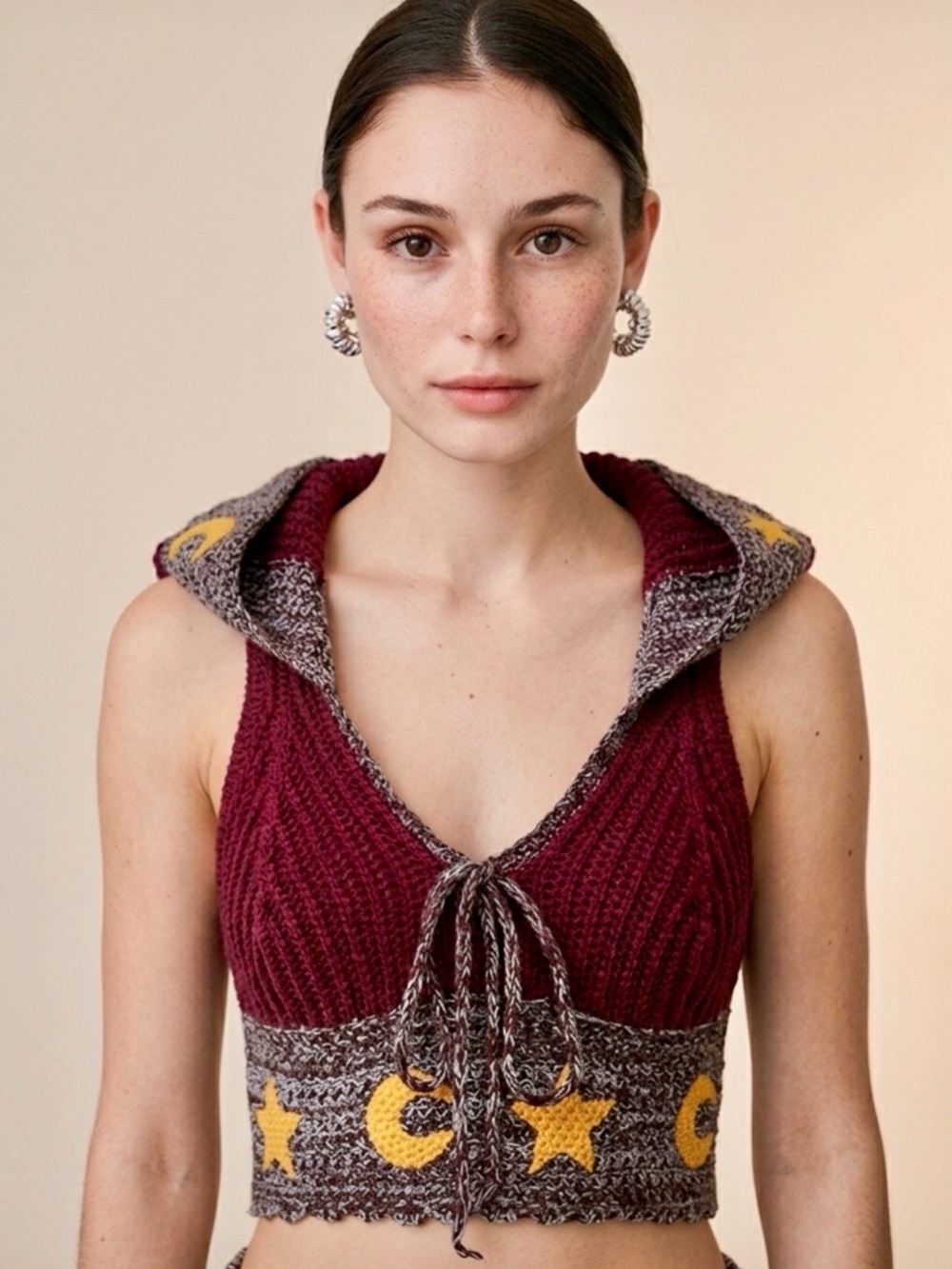Burgundy Crocheted & Cropped Sleeveless Bohemian Hoodie in M(6) & L(8/10